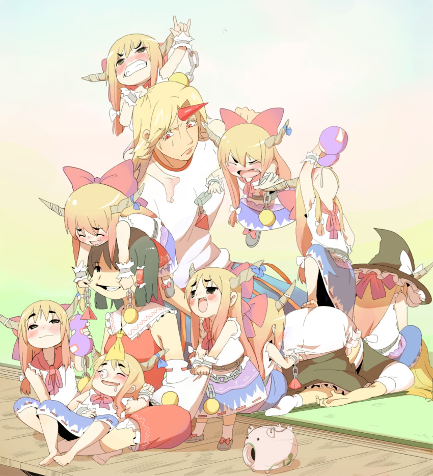 ascot, belt, black_eyes, black_hair, blonde_hair, blush, bow, bubble