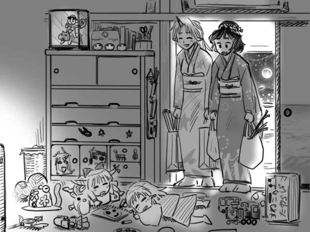 child_drawing, contemporary, full_moon, gensokoumuten, gensoukoumuten, groceries, hanimaru, horn