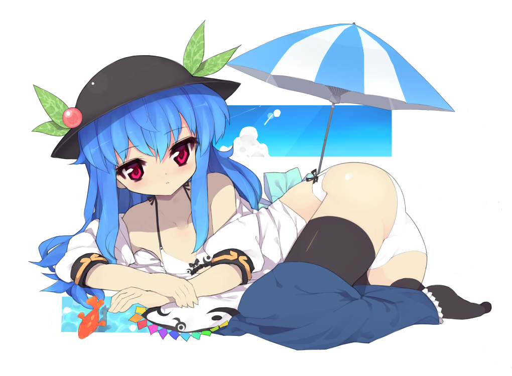 ass, black_legwear, blue_hair, blush, bra, food, fruit, hat, hinanawi_tenshi, long_hair, looking_at_viewer, lying, off_shoulder, on_side, open_clothes, open_shirt, panties, parasol, peach, pink_eyes, shibatenko, skirt, skirt_down, solo, thigh-highs, thighhighs, touhou, umbrella, underwear, white_bra, white_panties