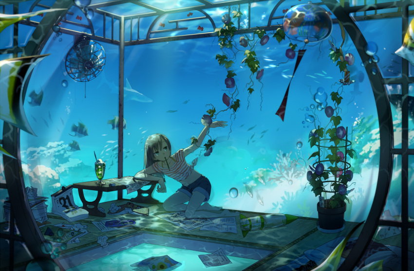animal, aqua_eyes, aquarium, barefoot, bottle_rocket, brown_hair, calendar, caustic_lighting