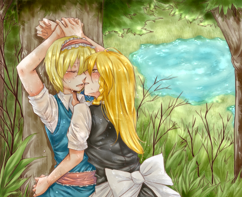 alice_margatroid, arms_up, blonde_hair, blush, bound_wrists, closed_eyes, eyes_closed, fuji_tsugu, hairband, incipient_kiss, kirisame_marisa, long_hair, multiple_girls, short_hair, tears, touhou, tree, wet, yellow_eyes, yuri