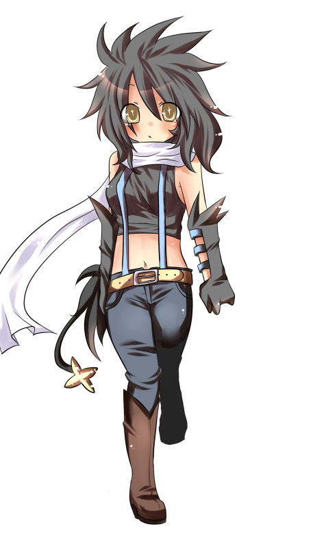 belt, black_hair, haneten_kagatsu, luxray, navel, personification, pokemon, scarf, tail, yellow_eyes