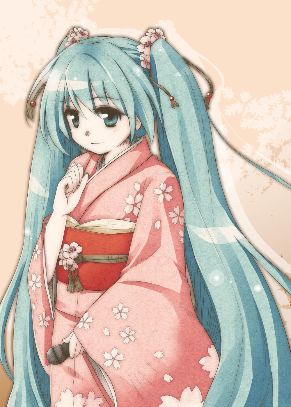 aqua_eyes, aqua_hair, flower, hair_flower, hair_ornament, hatsune_miku, highres, japanese_clothes