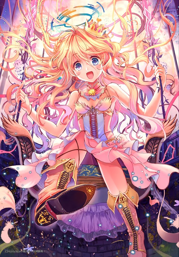 :d, akabane_(zebrasmise), blonde_hair, blue_eyes, blush, boots, chair, copyright_notice