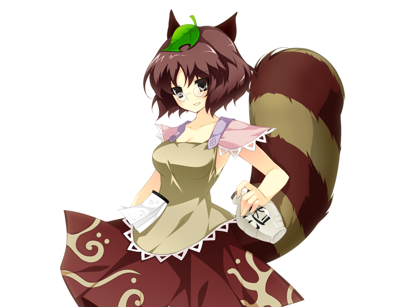 animal_ears, breasts, futatsuiwa_mamizou, game_cg, glasses, jug, leaf, leaf_on_head, notepad, pince_nez, raccoon_ears, raccoon_tail, riv, short_hair, skirt, solo, tail, touhou, transparent_background