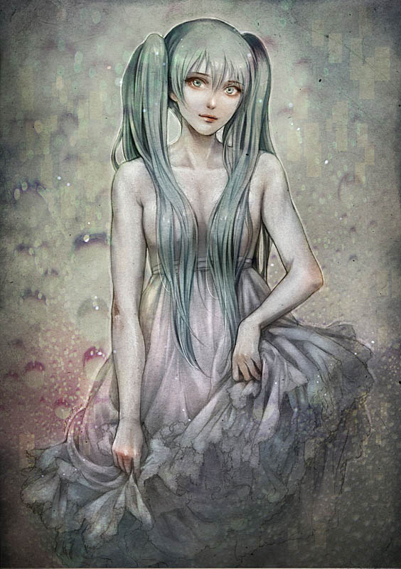 dress, green_eyes, green_hair, hatsune_miku, jurithedreamer, long_hair, solo, twintails