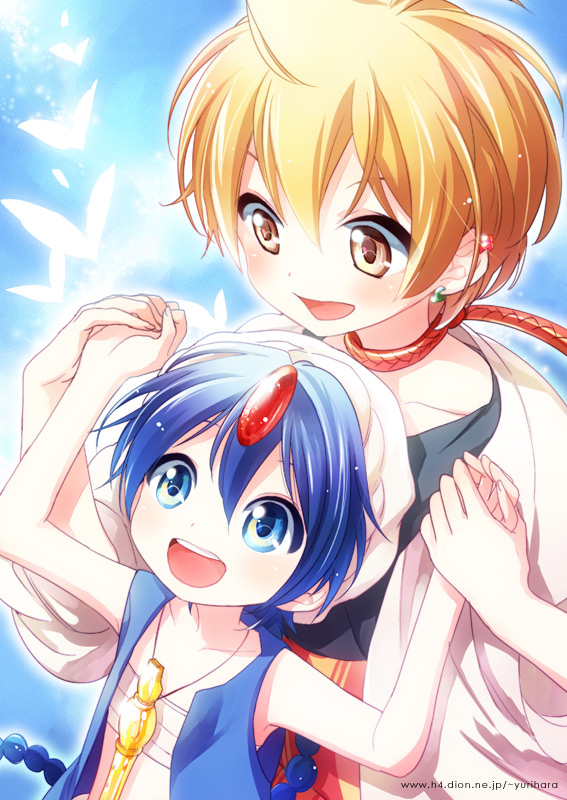 aladdin_(magi), ali_baba_saluja, blonde_hair, blue_eyes, blue_hair, bread, brown_eyes, flute, food, hand_holding, holding_hands, instrument, long_hair, magi_the_labyrinth_of_magic, male, multiple_boys, open_mouth, short_hair, turban, watermark, web_address, yurihara_aki