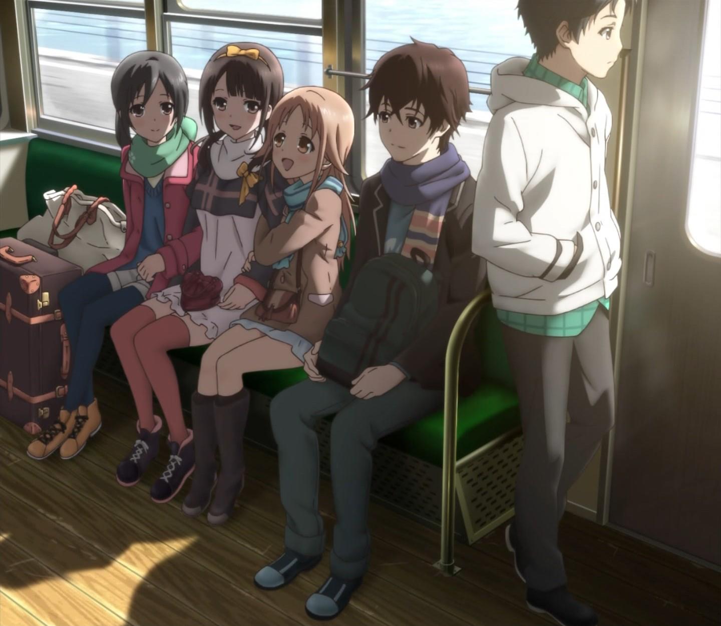 3girls, arm_grab, backpack, bag, black_hair, black_legwear, boots, brown_eyes