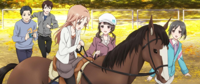 3girls, :d, :o, animal, black_hair, black_legwear, brown_eyes, brown_hair