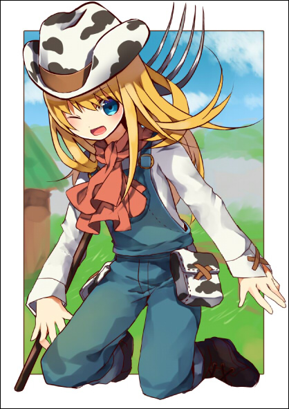 blonde_hair, blue_eyes, cow_print, cowboy_hat, haneten_kagatsu, harvest_moon, harvest_moon:_a_new_beginning, harvest_moon_the_land_of_origin, hat, open_mouth, overalls, rio_(harvest_moon), scarf, smile, solo