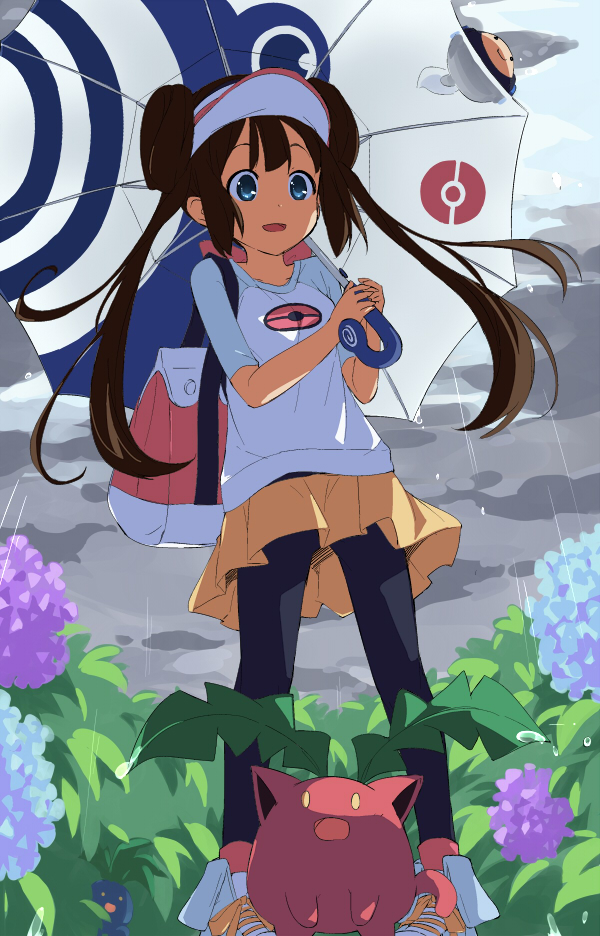 bag, blue_eyes, brown_hair, double_bun, flower, hoppip, kareha_aki, long_hair