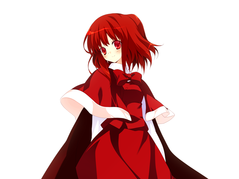 bowtie, cape, cloak, game_cg, okazaki_yumemi, red_eyes, red_hair, redhead