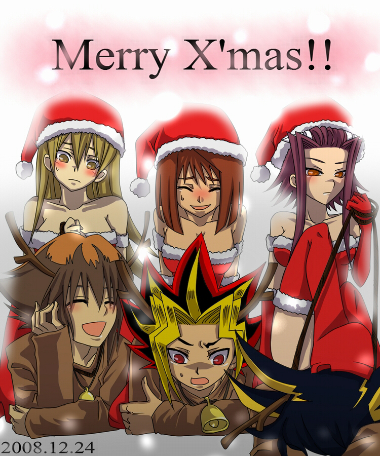 artist_request, bdsm, breasts, christmas, cleavage, foot_on_head, fudou_yuusei, izayoi_aki, large_breasts, laughing, mazaki_anzu, mutou_yugi, tenjouin_asuka, yu-gi-oh!, yugioh_5d's, yugioh_gx, yuki_judai