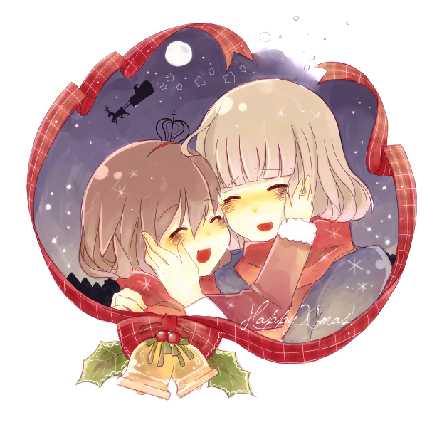 bell, brown_hair, christmas, closed_eyes, crown, mother_and_daughter, scarf, short_hair, smile, umineko_no_naku_koro_ni, ushiromiya_maria, ushiromiya_rosa, yuniko