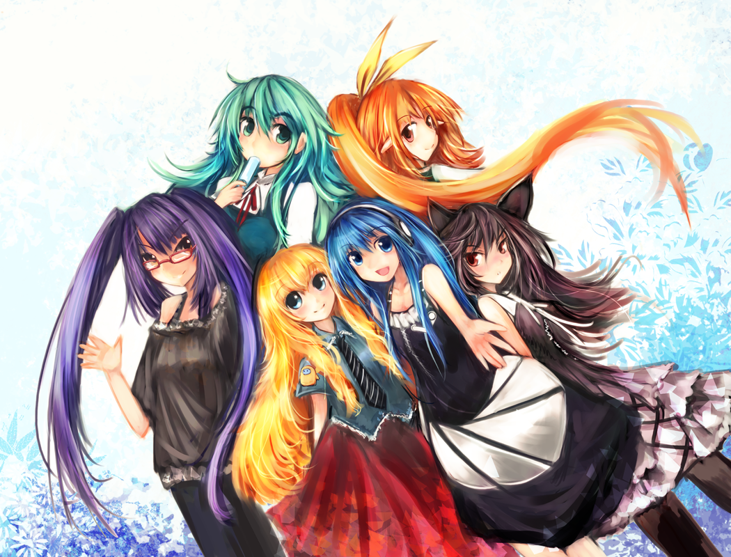 6+girls, animal_ears, bare_shoulders, black_hair, blonde_hair, blue_eyes, blue_hair, character_request