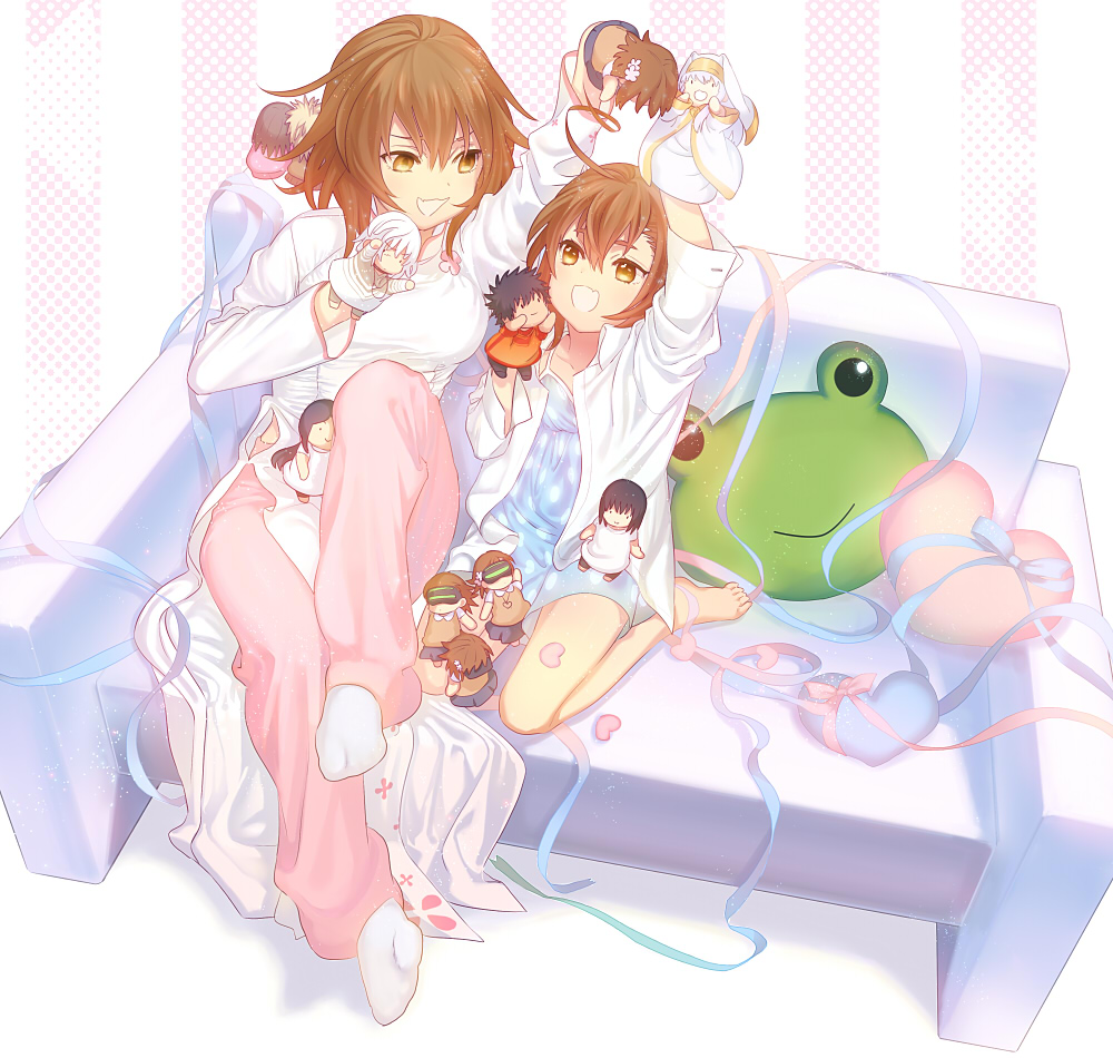 accelerator, ahoge, barefoot, black_hair, blonde_hair, blue_hair, brown_eyes, brown_hair, character_doll, couch, dress, frog, gekota, habit, hair_ornament, hamazura_shiage, heart, index, kamijou_touma, last_order, misaka_imouto, misaka_mikoto, misaka_worst, multiple_girls, nun, puppet, ribbon, short_hair, siblings, sisters, socks, sui_(yo_shi_hiro), takitsubo_rikou, to_aru_majutsu_no_index, tsuchimikado_maika, tsuchimikado_motoharu, vietnamese_dress, yomikawa_aiho, yoshikawa_kikyou, yucca_(sui_linx)