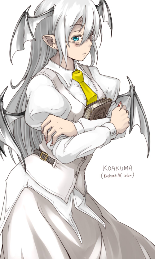 alternate_color, alternate_hair_color, aqua_eyes, bat_wings, belt, bespectacled, book, demon_wings