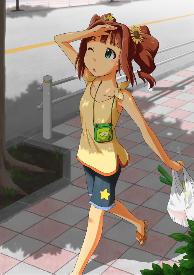 denim, denim_shorts, flower, green_eyes, hair_flower, hair_ornament, idolmaster, open_mouth