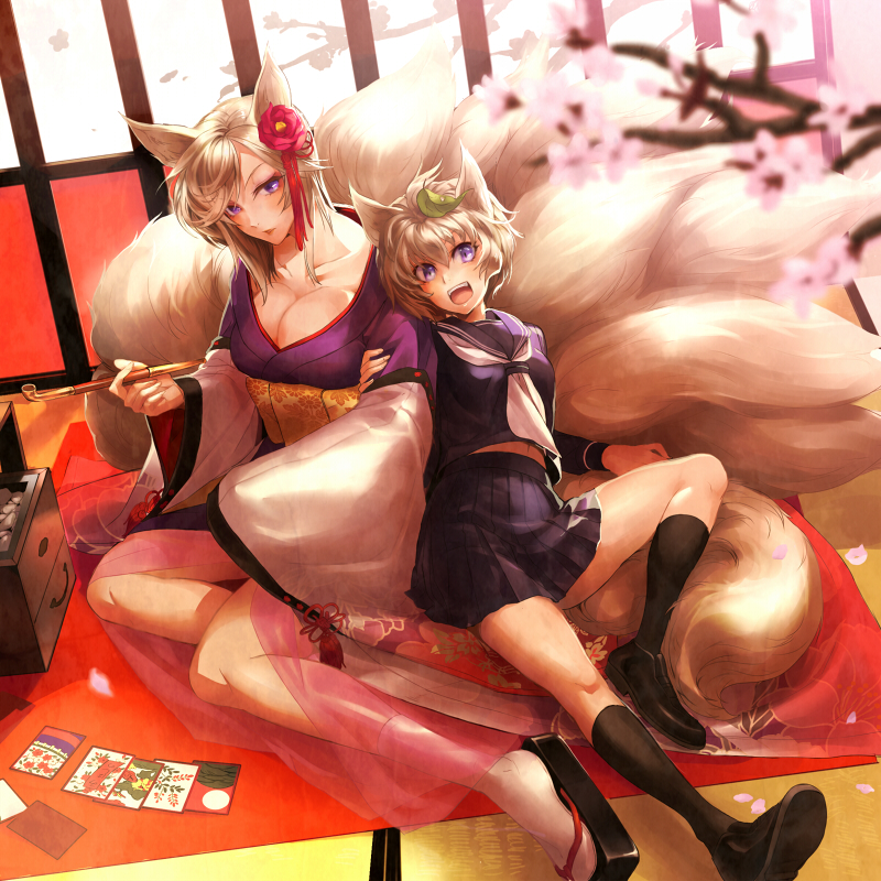 animal_ears, blue_eyes, blush, branch, breasts, bun-o, cleavage, flower, fox_ears, fox_tail, hair_flower, hair_ornament, japanese_clothes, kiseru, leaf, leaf_on_head, long_hair, multiple_girls, multiple_tails, open_mouth, original, pipe, sandals, school_uniform, short_hair, silver_hair, smile, tail