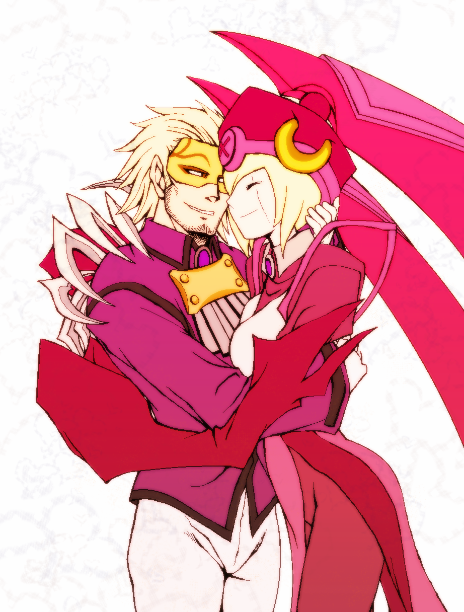 1boy, 1girl, android, blazblue, blonde_hair, claws, closed_eyes, couple