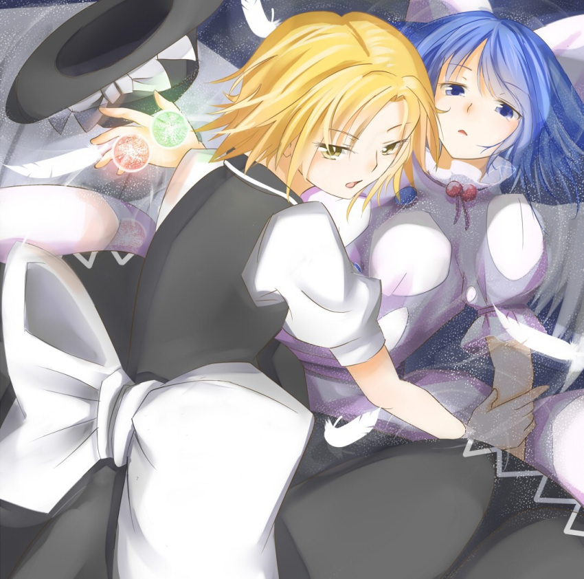 arm_holding, blonde_hair, blue_eyes, blue_hair, bow, energy_ball, feathers, hair_bow