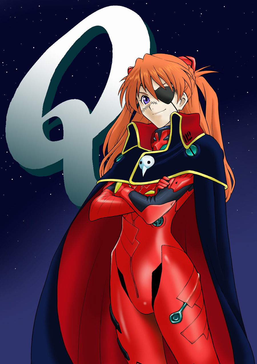 1girl, blue_eyes, bodysuit, cape, cosplay, crossed_arms, eyepatch, hair_ornament
