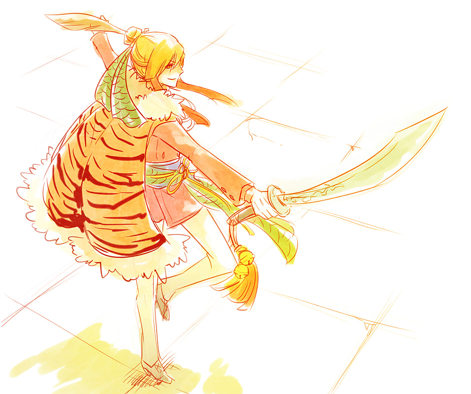 androgynous, arms_up, blonde_hair, cape, cross-laced_footwear, feathers, fighting_stance, fur_trim, gloves, hair_bun, hair_feathers, hair_ornament, hair_stick, hatoful_kareshi, high_heels, long_sleeves, male, moa810, multicolored_hair, nishikikouji_tohri, official_art, orange_hair, outstretched_arms, pants, personification, saber_(weapon), shoes, smile, smug, solo, standing_on_one_leg, sword, trap, weapon, white_gloves, yellow_eyes