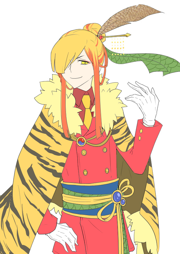 1boy, androgynous, arm_up, blonde_hair, cape, eyelashes, eyeliner, feathers, flower, fur_trim, gloves, hair_bun, hair_feathers, hair_ornament, hair_over_one_eye, hair_stick, hand_on_hip, hatoful_kareshi, hips, looking_at_viewer, makeup, male, moa810, multicolored_hair, necktie, nishikikouji_tohri, official_art, orange_hair, personification, sash, simple_background, smile, smug, solo, white_background, white_gloves, yellow_eyes