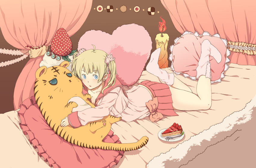 bed, blonde_hair, blue_eyes, bow, cake, candle, checkerboard_cookie, cookie, food, fork, fruit, hatsune_miku, highres, lots_of_laugh_(vocaloid), lying, miniskirt, nail_polish, on_stomach, pastry, pillow, pio_(doragonheart), plate, school_uniform, skirt, socks, strawberry, stuffed_animal, stuffed_toy, tiger, twintails, vocaloid