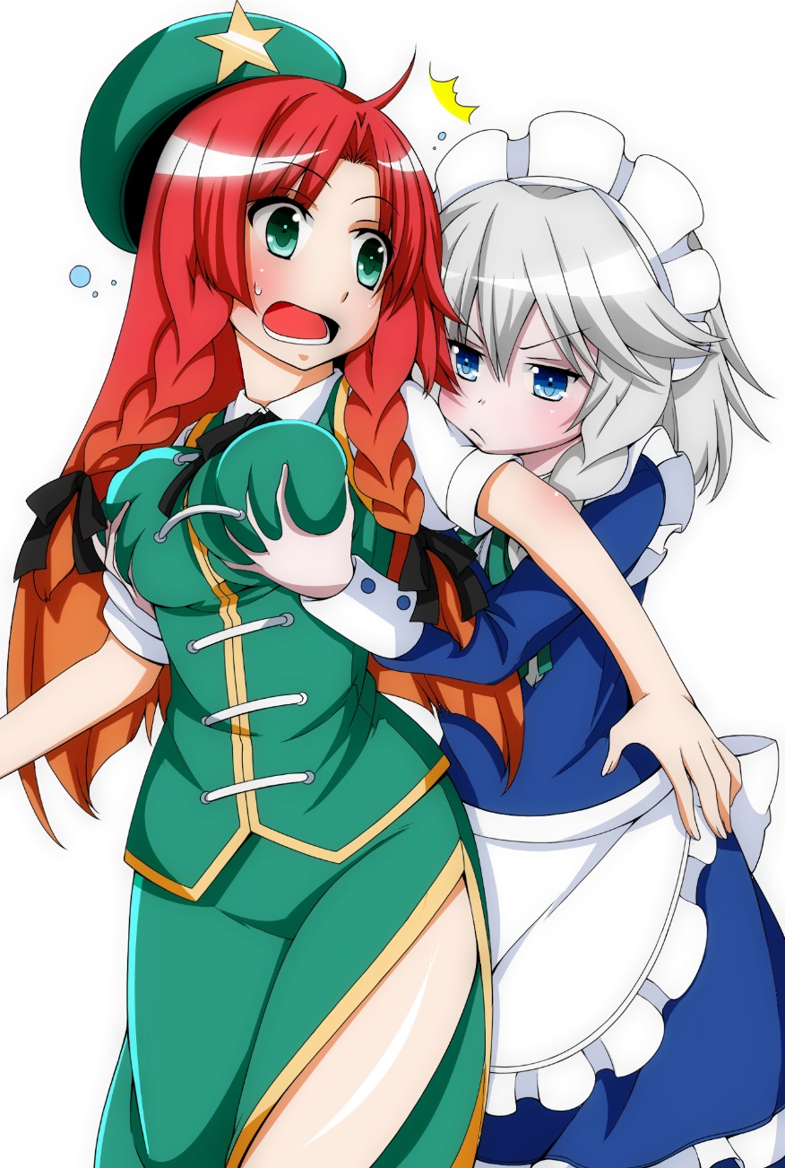 ahoge, apron, blue_eyes, blush, breast_envy, breast_grab, chinese_clothes, colored