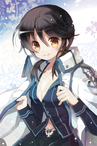 black_hair, blush, breasts, cleavage, hair_between_eyes, holding, jacket, long_hair, lowres, luthica_preventer_(cosplay), midriff, orange_eyes, rednian, shiny, shiny_skin, smile, sword_girls