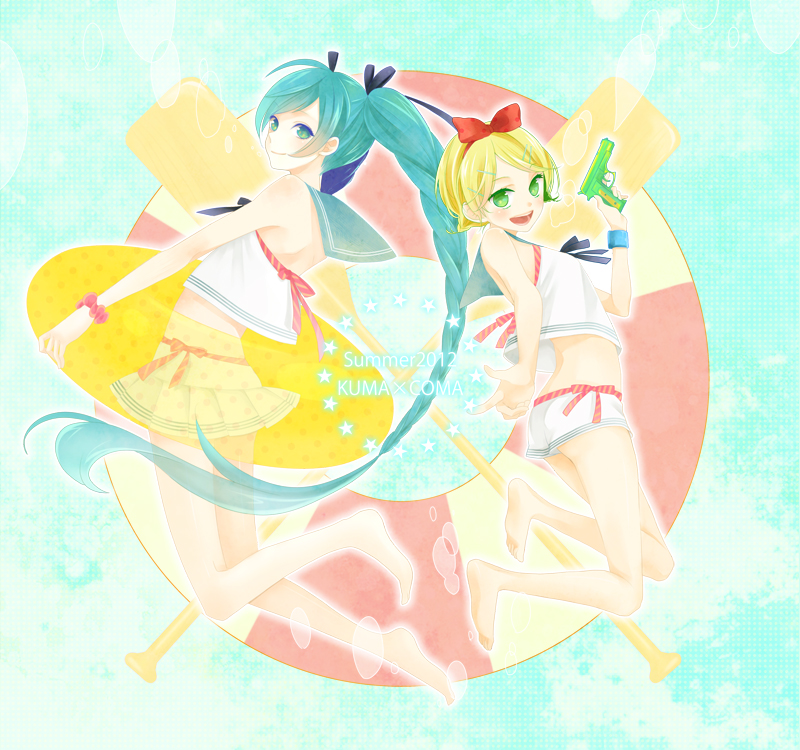 2girls, aqua_eyes, aqua_hair, blonde_hair, coma_(fginiy), feet, green_eyes, hair_ornament