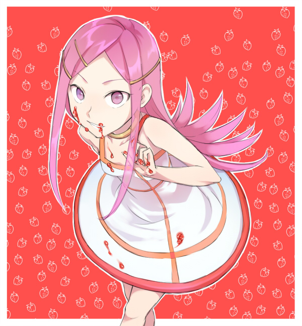 anemone, ayamoto, dress, eureka_seven, eureka_seven_(series), food, food_on_face, hair_ornament, hairclip, jam, leaning_forward, long_hair, pink_eyes, pink_hair, solo