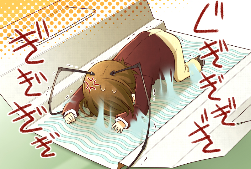 angry, antennae, antennaee, brown_hair, cockroach, glue, glue_trap, hayami_kouhei