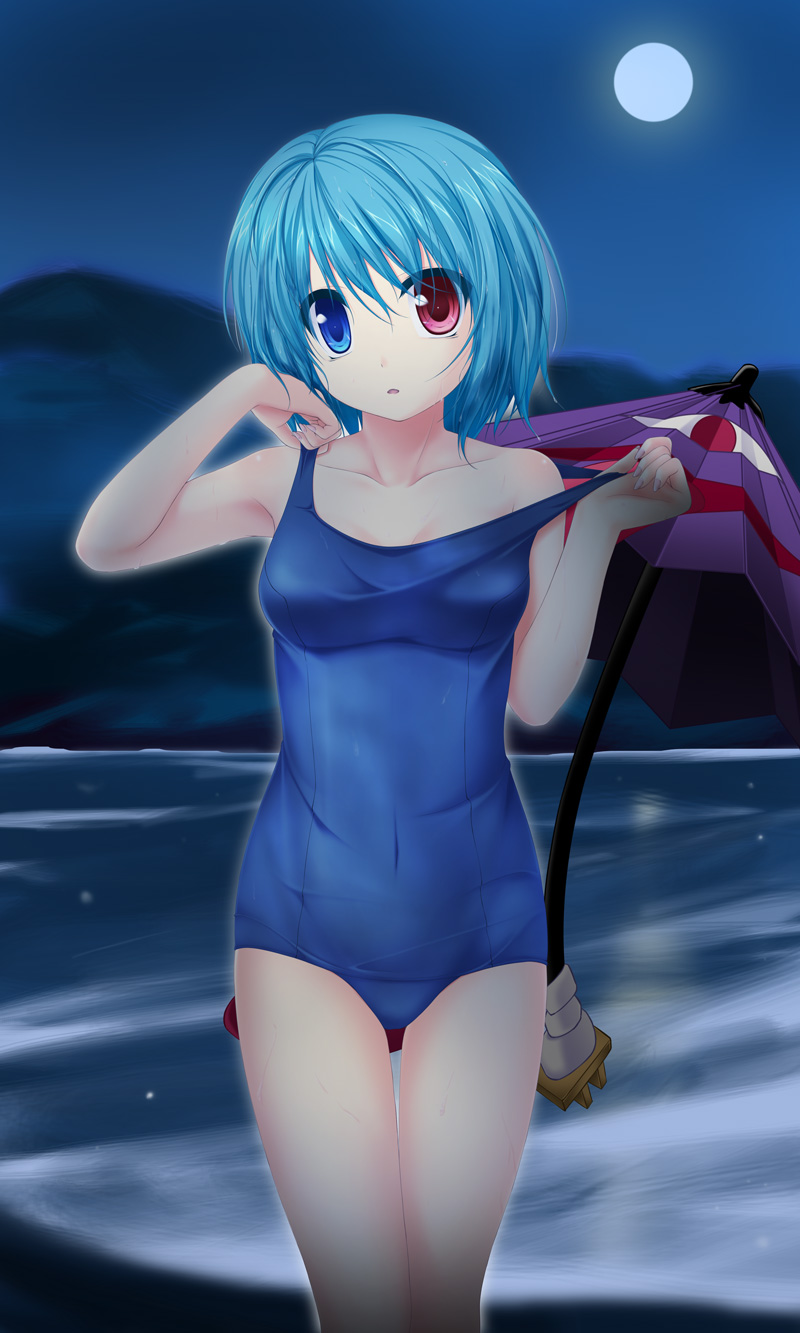 adjusting_hair, adjusting_swimsuit, amicis, blue_eyes, blue_swimsuit, breasts, full_moon, highres