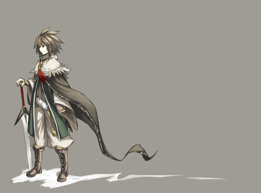 boots, brown_eyes, brown_hair, cape, gray, kazanami, original, sakuto_kazanami, short_hair, simple_background, solo, sword, weapon