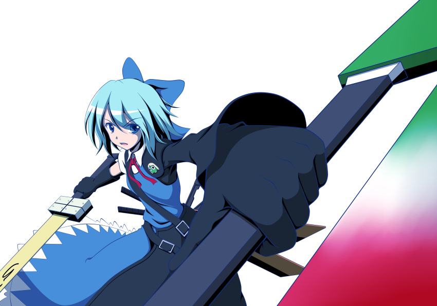 absurdres, adapted_costume, advent_cirno, blue_eyes, blue_hair, bow, cirno, dual_wielding, gloves, hair_bow, highres, long_sleeves, open_mouth, short_hair, short_sleeves, solo, sword, touhou, walhalla, weapon, white_background