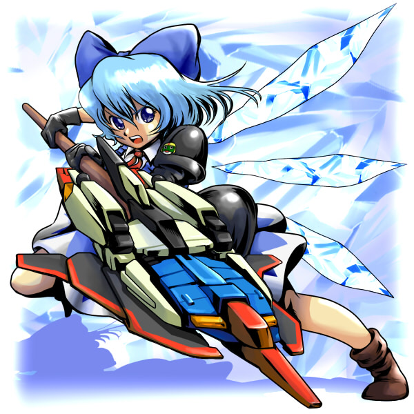 adapted_costume, advent_cirno, alternate_weapon, blue_eyes, blue_hair, bow, cirno, detached_wings