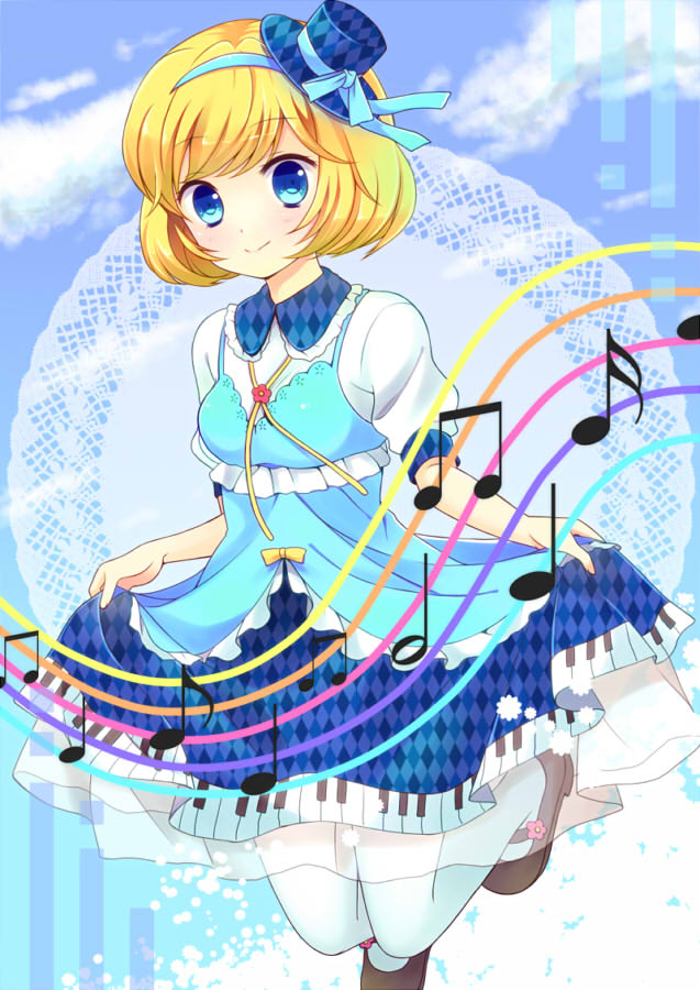 bad_id, blonde_hair, blue_eyes, hair_ribbon, hat, mary_janes, musical_note, nekosugiayana