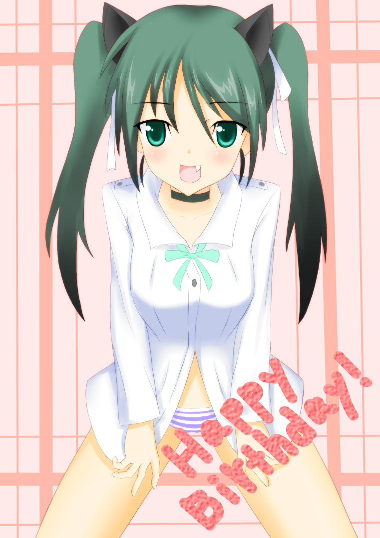 bad_id, birthday, blush, cat_ears, fang, francesca_lucchini, green_eyes, green_hair