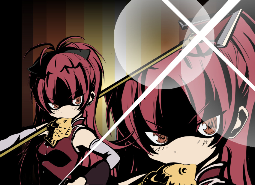 eating, food, hair_ribbon, highres, mahou_shoujo_madoka_magica, parody, polearm, ponytail, red_eyes, red_hair, redhead, ribbon, sakura_kyouko, shin_(4869shin4062), sleeveless, spear, taiyaki, tengen_toppa_gurren_lagann, wagashi, weapon