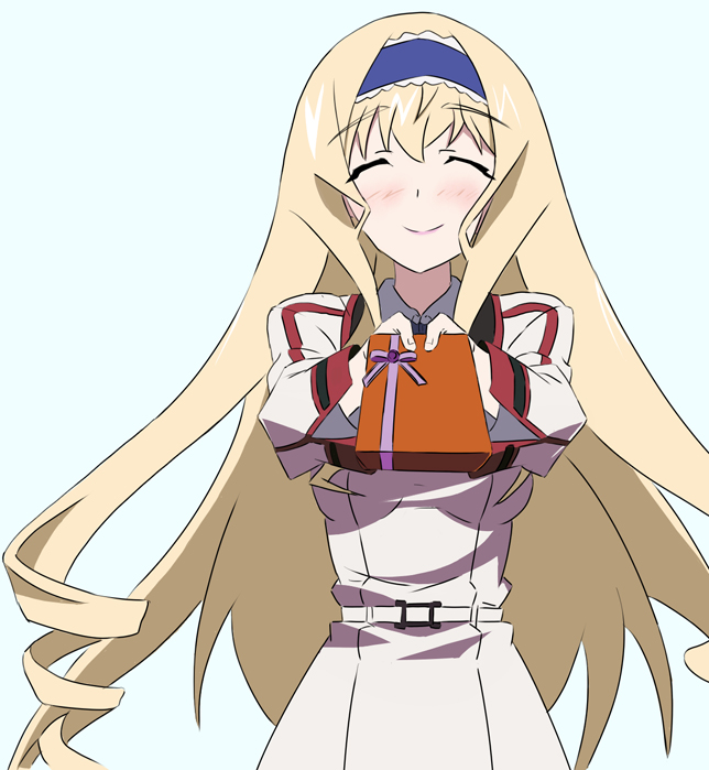 blonde_hair, cecilia_alcott, gift, hairband, infinite_stratos, school_uniform, shin_(4869shin4062), smile