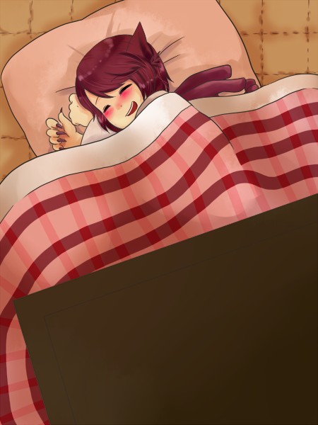 bed, blanket, blush, claws, closed_eyes, fingernails, happy, long_fingernails