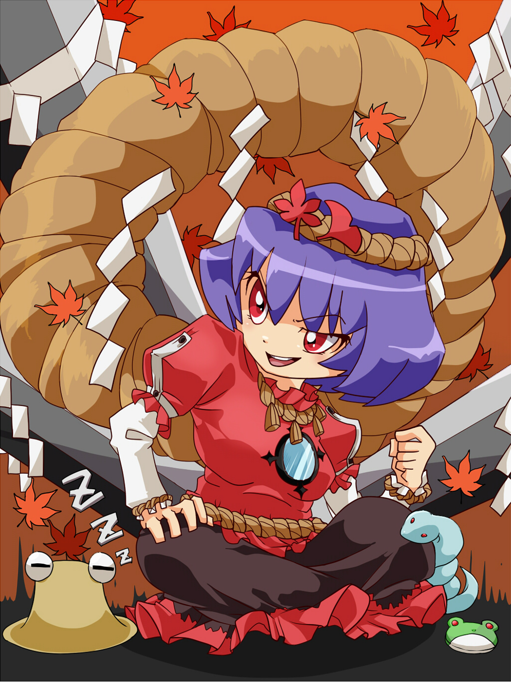 atto_maru, hair_ornament, highres, leaf, onbashira, purple_hair, red_eyes, shimenawa