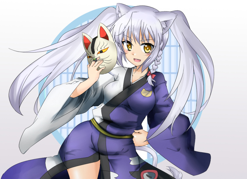 animal_ears, braid, cat_ears, cat_tail, dog_days, fox_mask, japanese_clothes, kimono