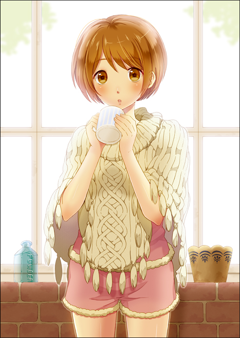 :o, blush, border, brick_wall, brown_eyes, brown_hair, cup, holding