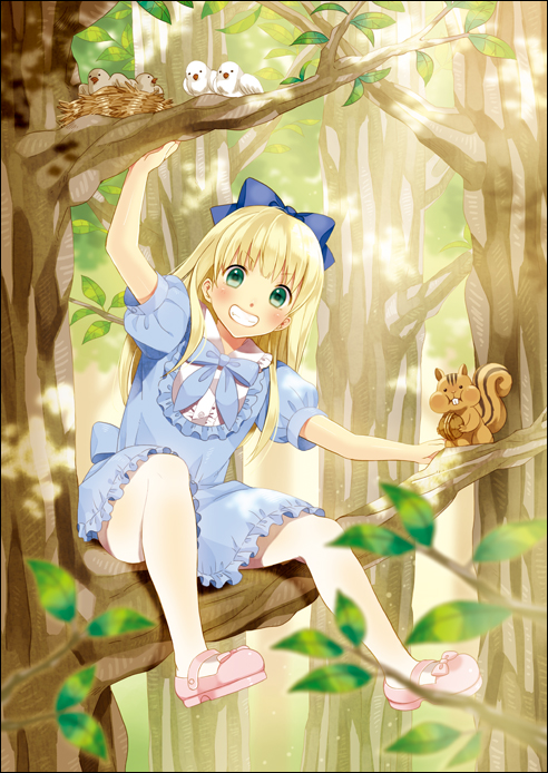 bird, bird_nest, blonde_hair, border, bow, dress, green_eyes, grin