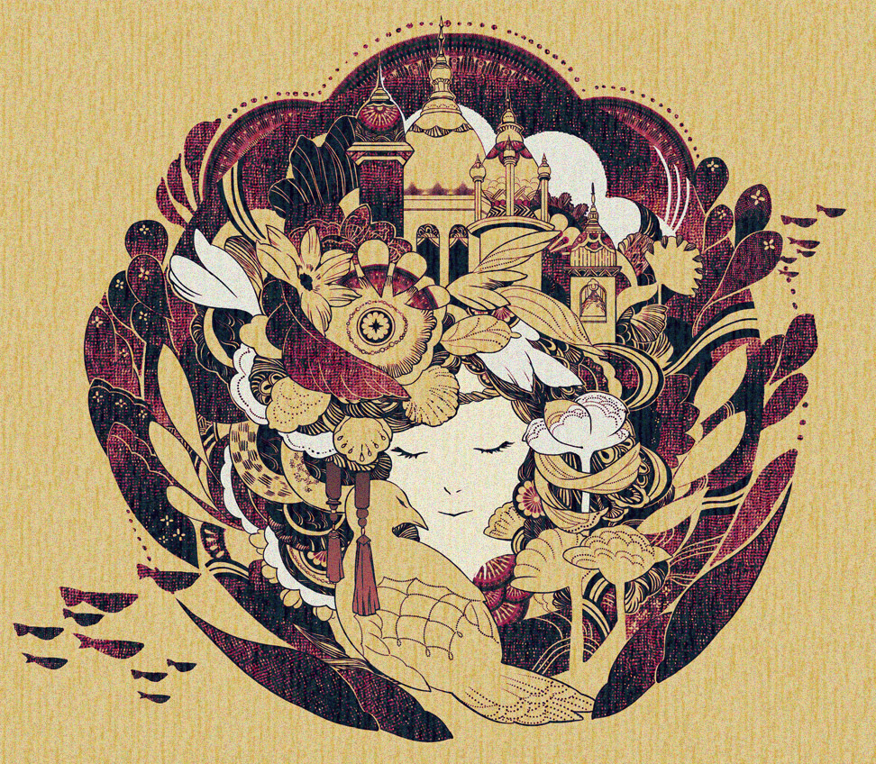 closed_eyes, eyes_closed, feathers, fish, flower, kidchan, minaret, original
