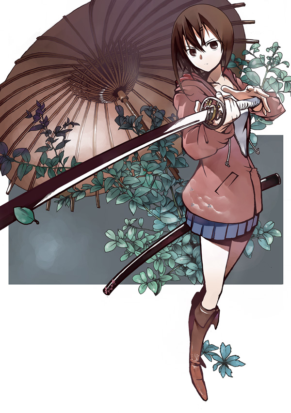 brown_eyes, brown_hair, foreshortening, hair_ornament, hairclip, jacket, katana, knee_boots
