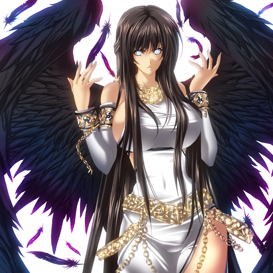 black_wings, blue_eyes, breasts, chain, detached_sleeves, dress, feathers, gold